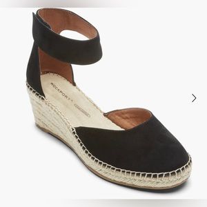 New never worn. Black Suede, closed toe, ankle-strap espadrille style sandals